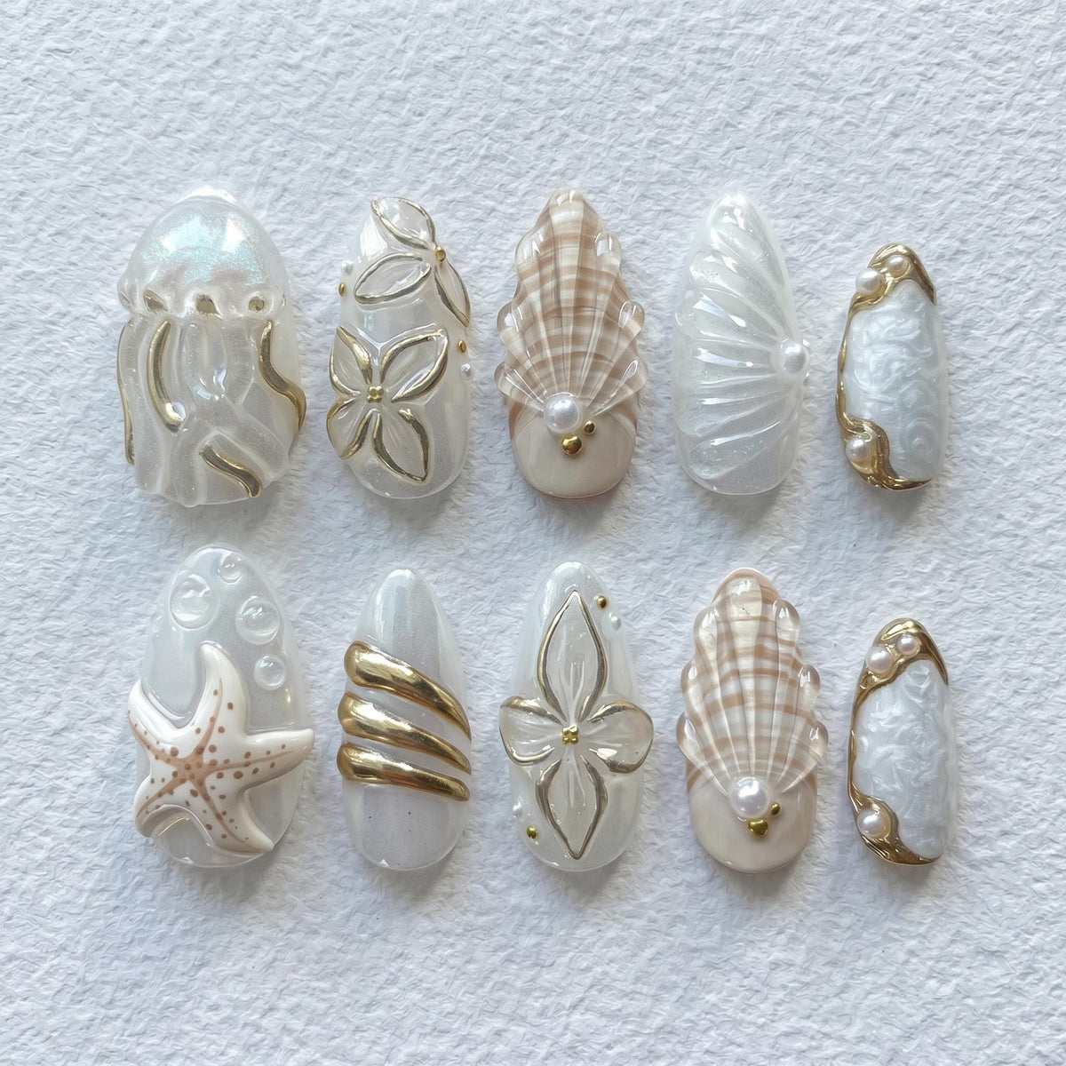 Pearly White Seashell and Starfish Press On Nails with Gold Details