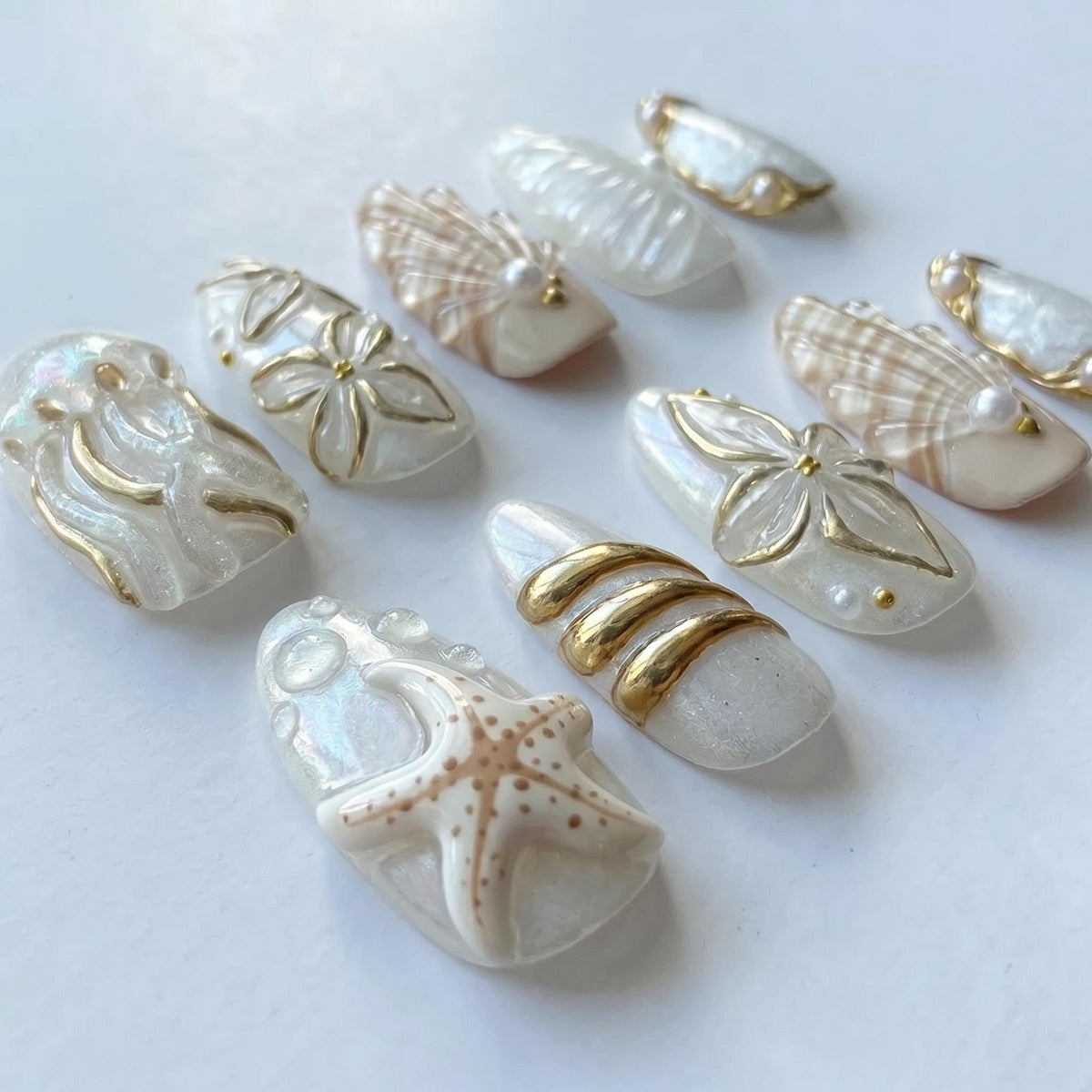 Pearly White Seashell and Starfish Press On Nails with Gold Details