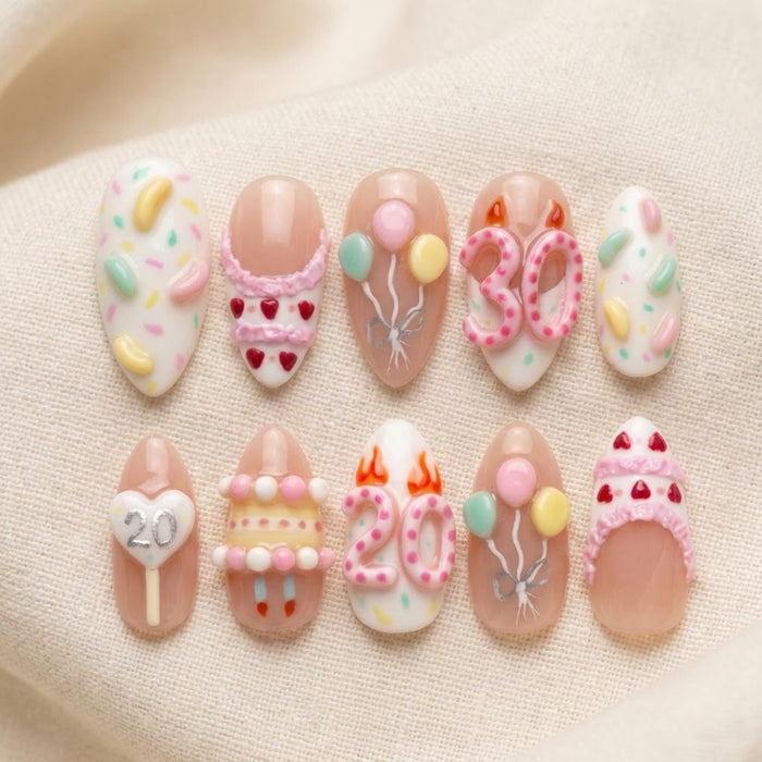 Pink 20th Birthday Press-On Nails With Balloons, Cake, Hearts, and Sprinkles