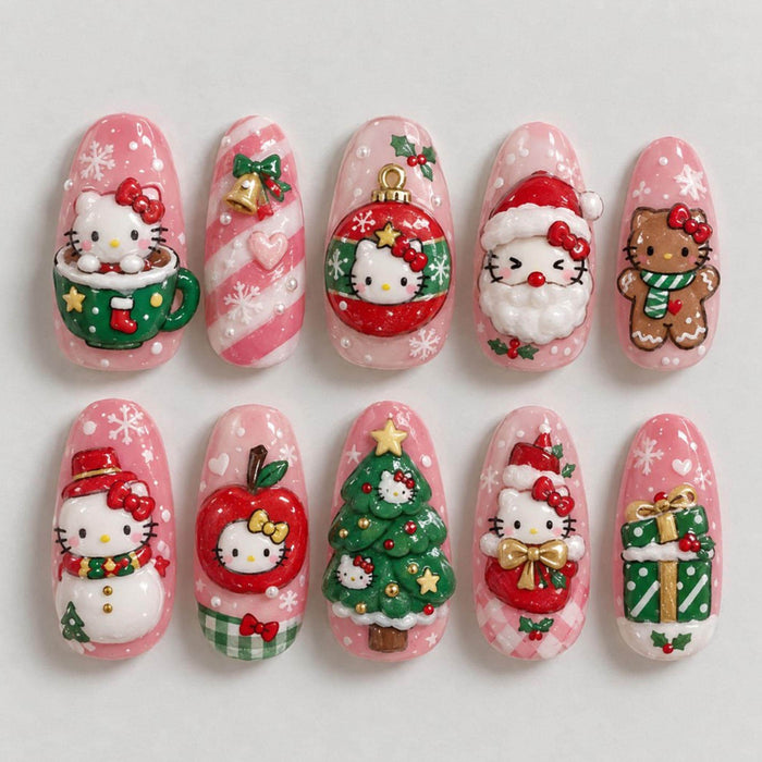 Pink 3D Christmas Press On Nails With Santa, Snowman & Holiday Charms