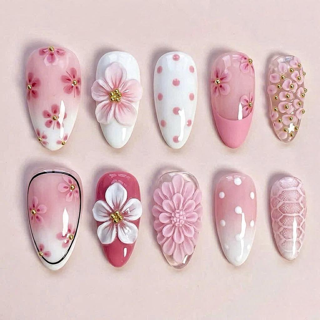 Pink 3D Flower and Polka Dot Press-On Nails with Gold-Toned Details