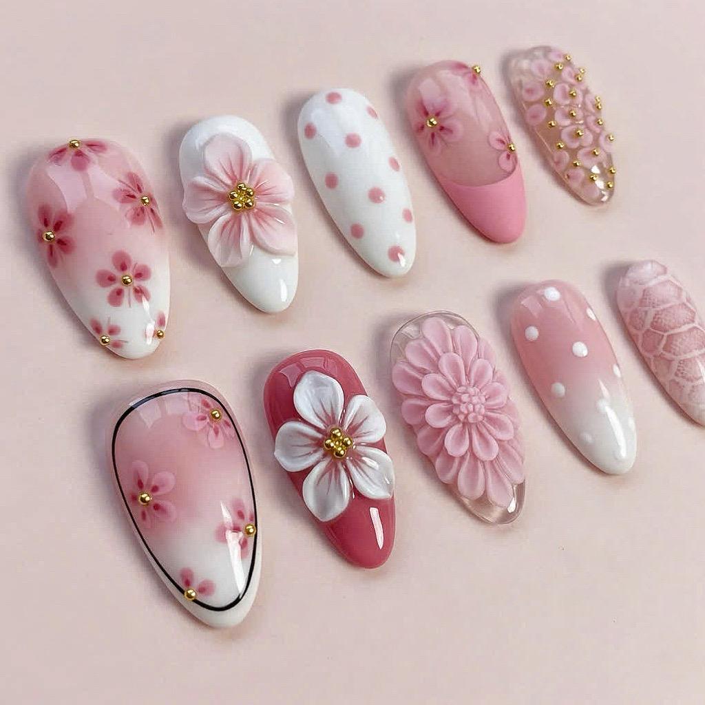 Pink 3D Flower and Polka Dot Press-On Nails with Gold-Toned Details