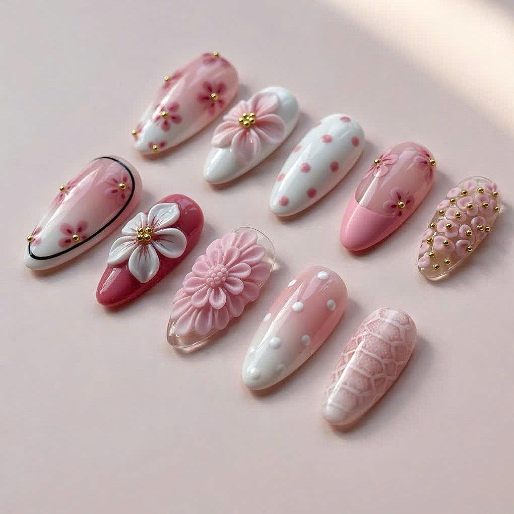 Pink 3D Flower and Polka Dot Press-On Nails with Gold-Toned Details