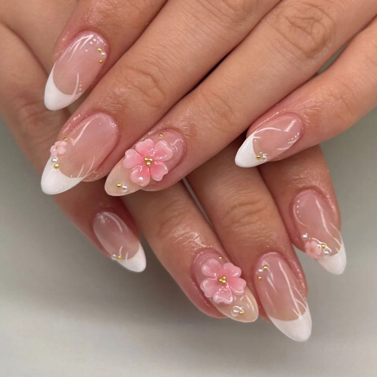 Pink 3D Flower French Tip Nail Set With Pearl-Like and Gold Accents
