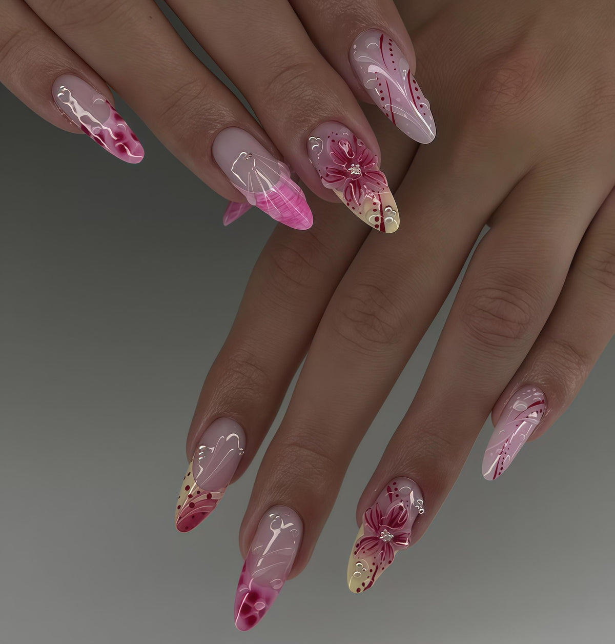 Pink 3D Flower Nails with Magenta Tips and Glossy Liquid-Art Swirls