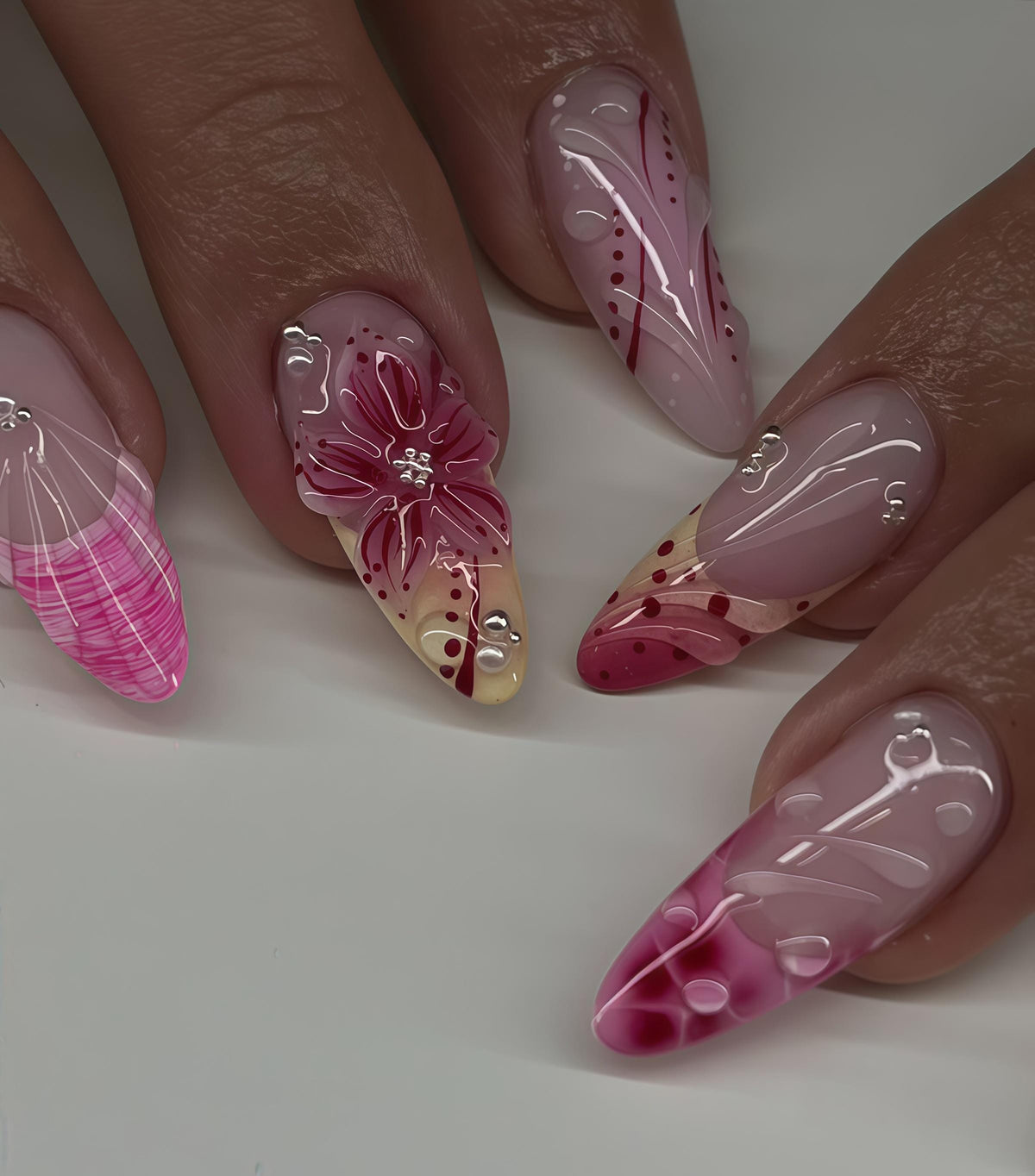 Pink 3D Flower Nails with Magenta Tips and Glossy Liquid-Art Swirls