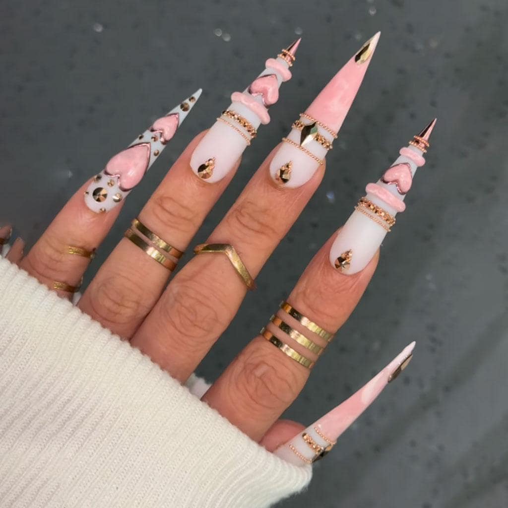 Pink 3D Heart Press-On Nails with Gold-Tone Details