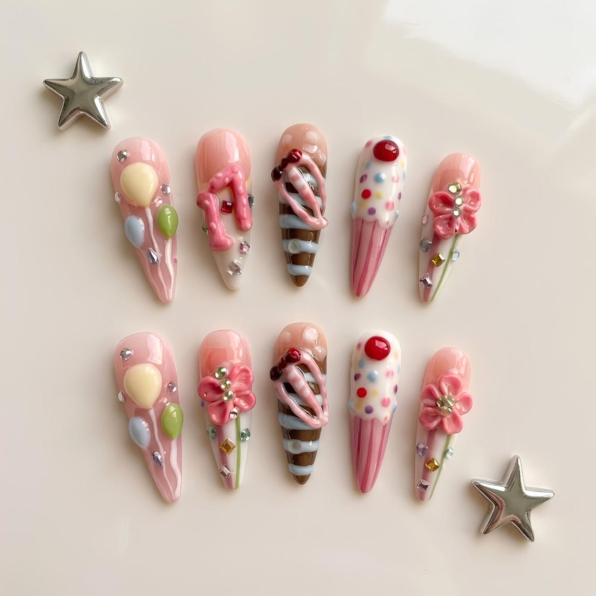 Pink 3D Ice Cream and Flower Birthday Press On Nails