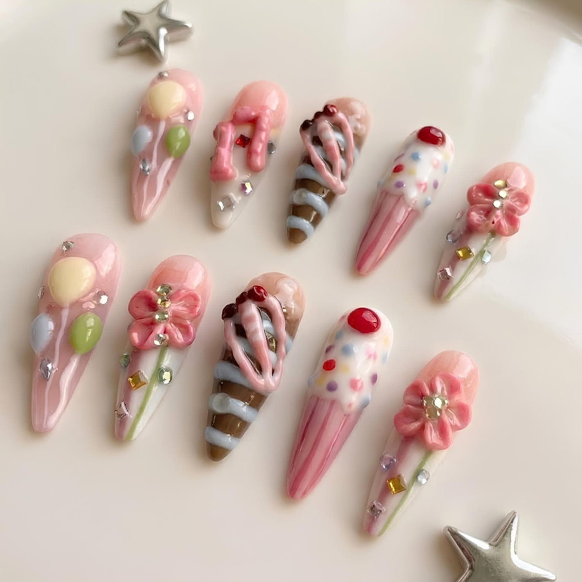 Pink 3D Ice Cream and Flower Birthday Press On Nails