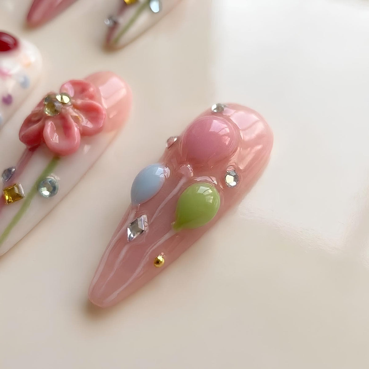 Pink 3D Ice Cream and Flower Birthday Press On Nails