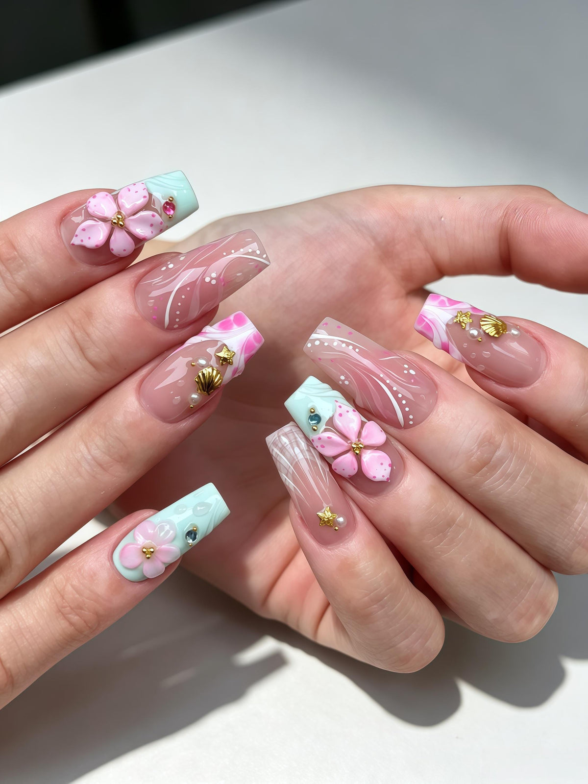 Pink and Aqua Spring Beach Press-On Nails with 3D Flowers, Gold Stars and Plaid Accents