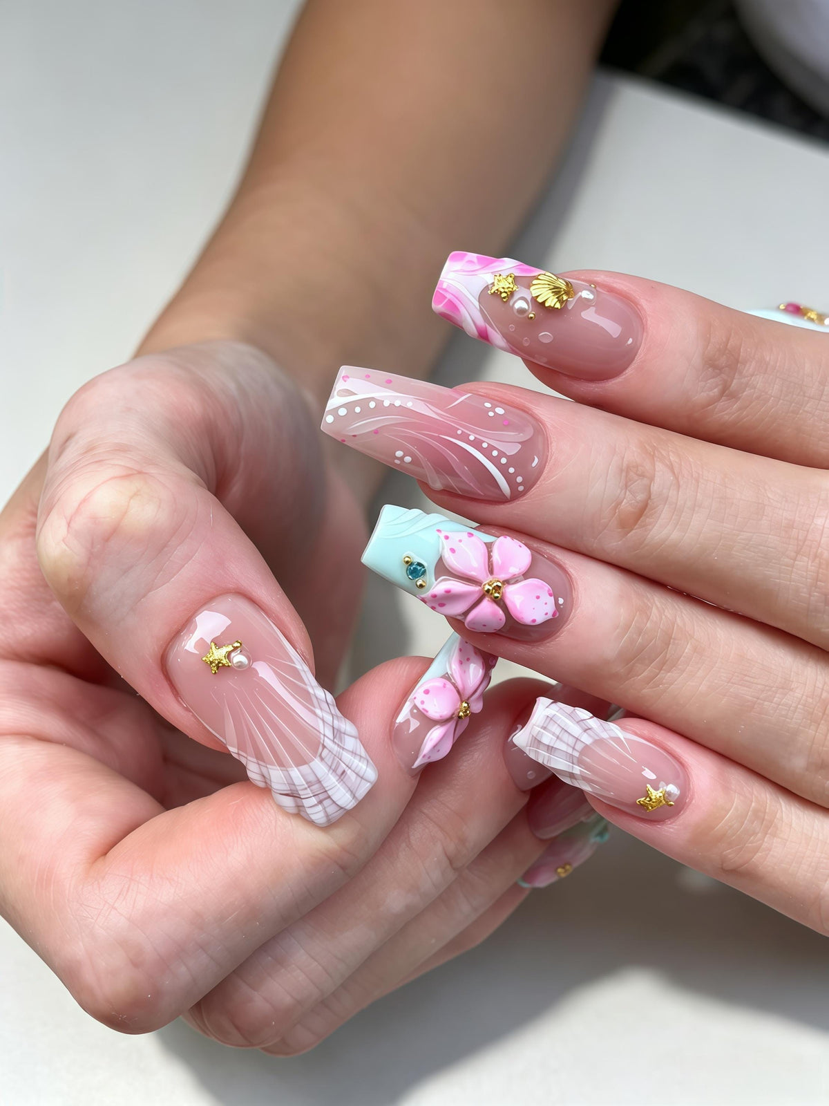 Pink and Aqua Spring Beach Press-On Nails with 3D Flowers, Gold Stars and Plaid Accents