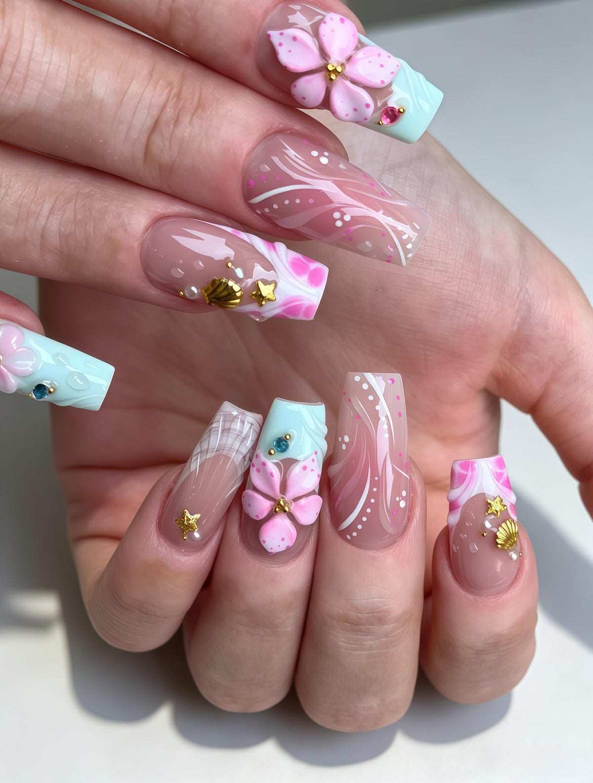 Pink and Aqua Spring Beach Press-On Nails with 3D Flowers, Gold Stars and Plaid Accents