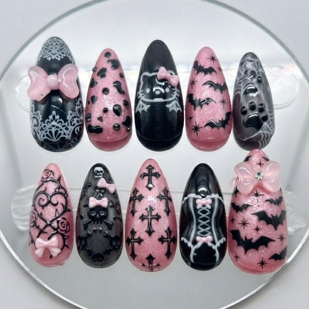 Pink and Black Gothic Halloween Nails With Bats, Bows and Webs