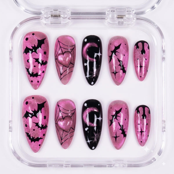 Pink and Black Halloween Bat Nails With Heart, Moon, and Spider Web Art