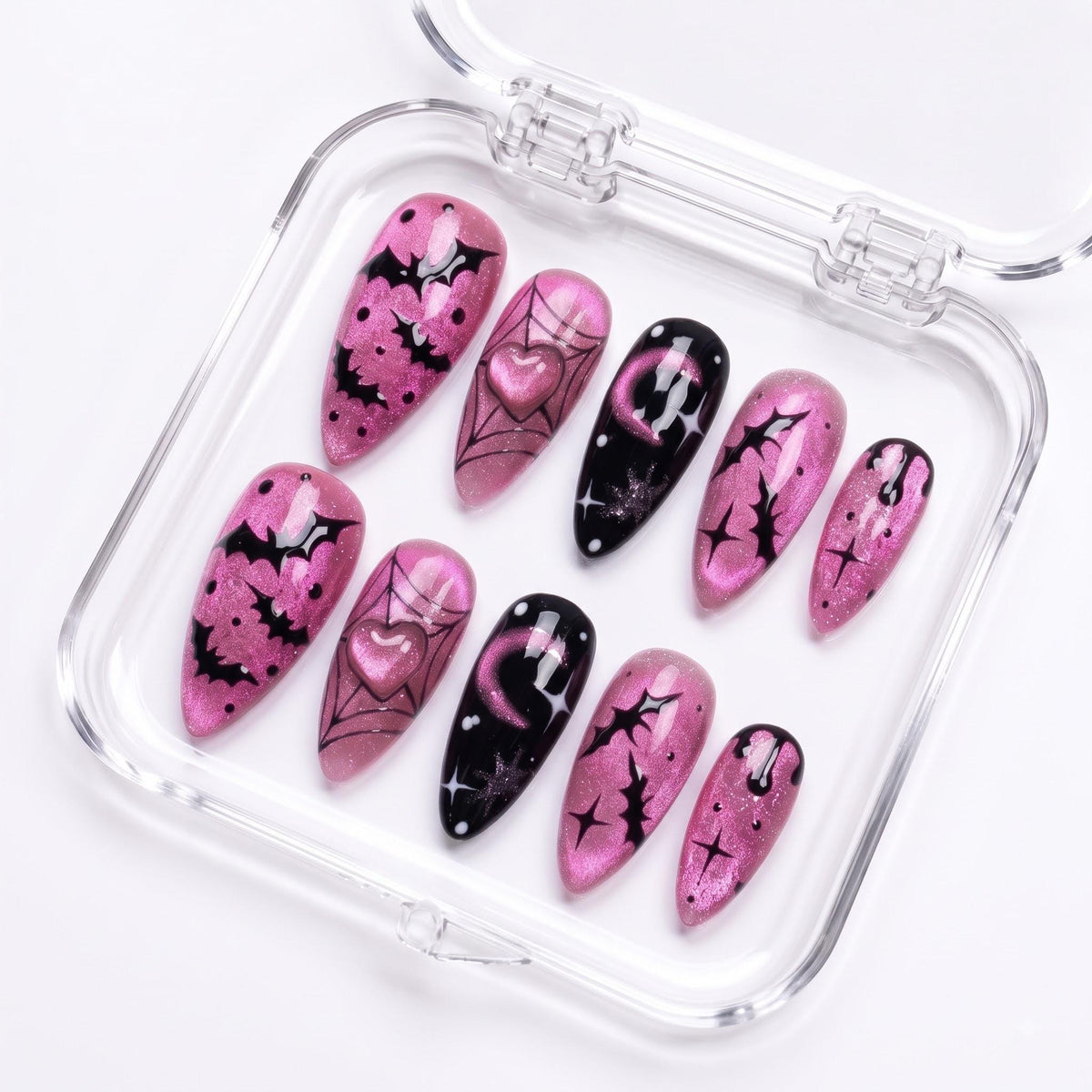Pink and Black Halloween Bat Nails With Heart, Moon, and Spider Web Art