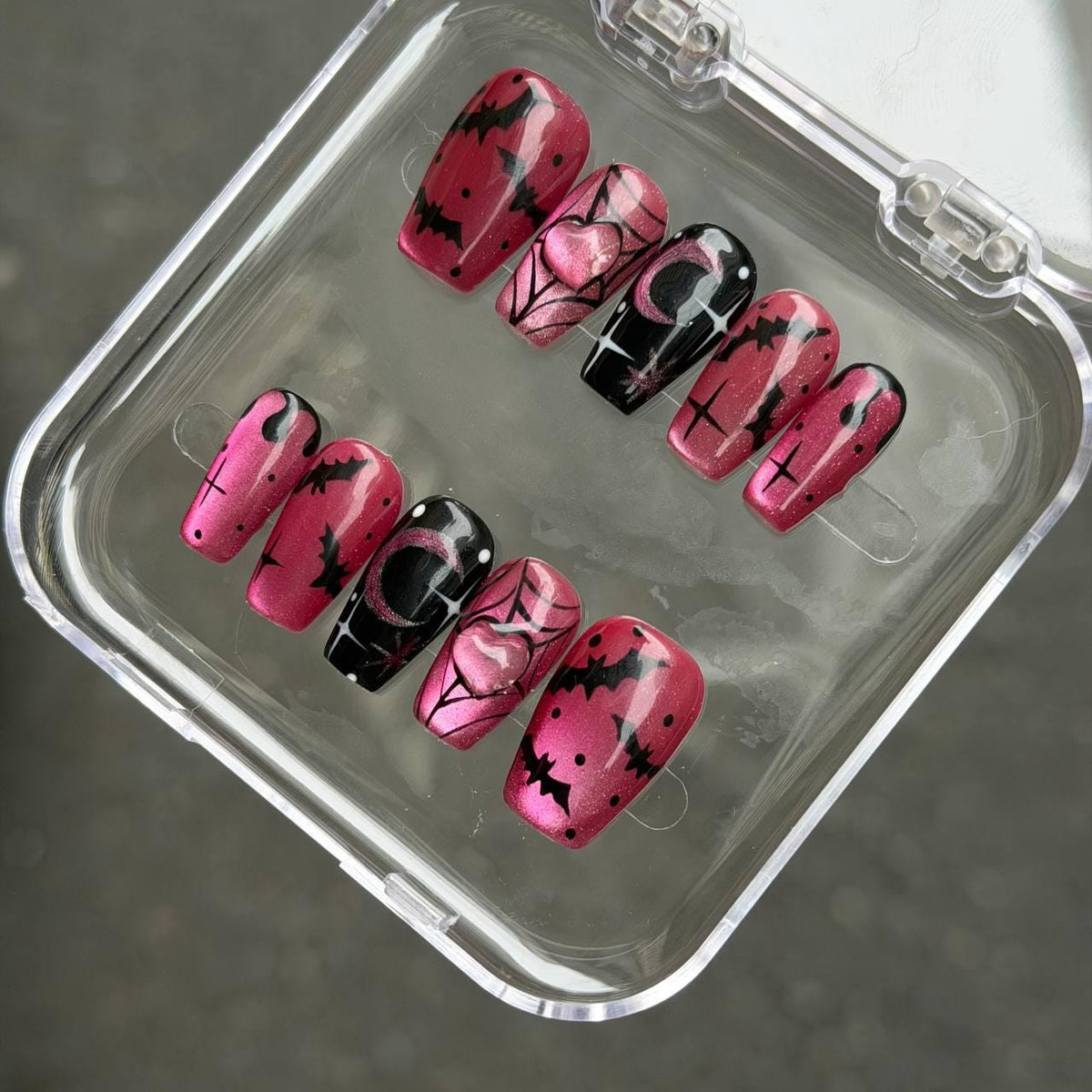 Pink and Black Halloween Bat Nails With Heart, Moon, and Spider Web Art