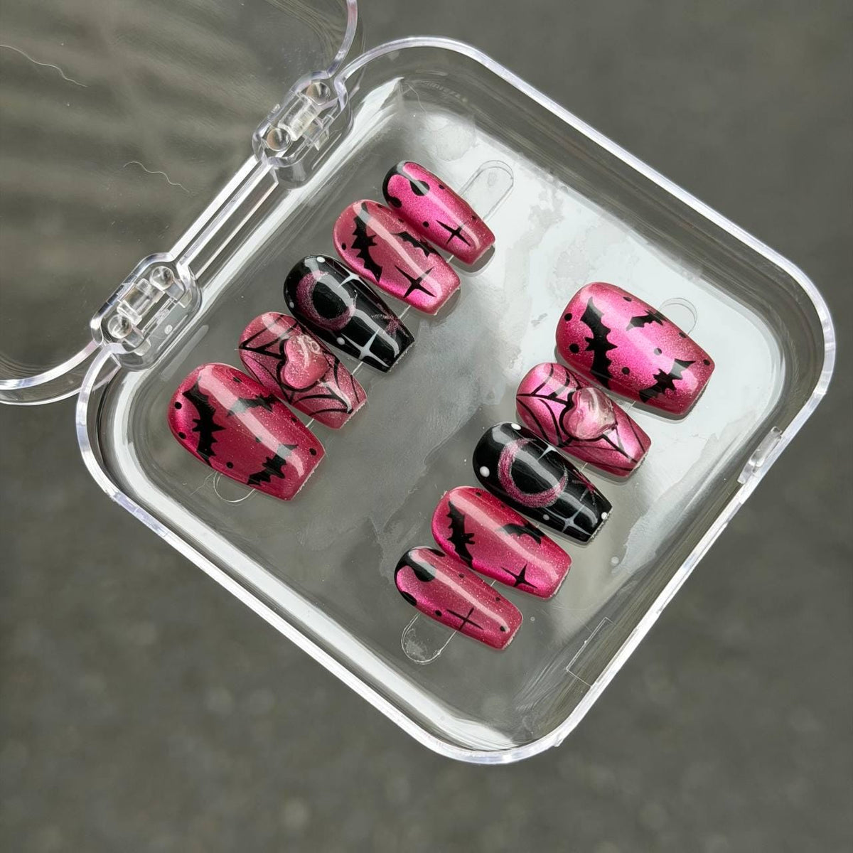 Pink and Black Halloween Bat Nails With Heart, Moon, and Spider Web Art