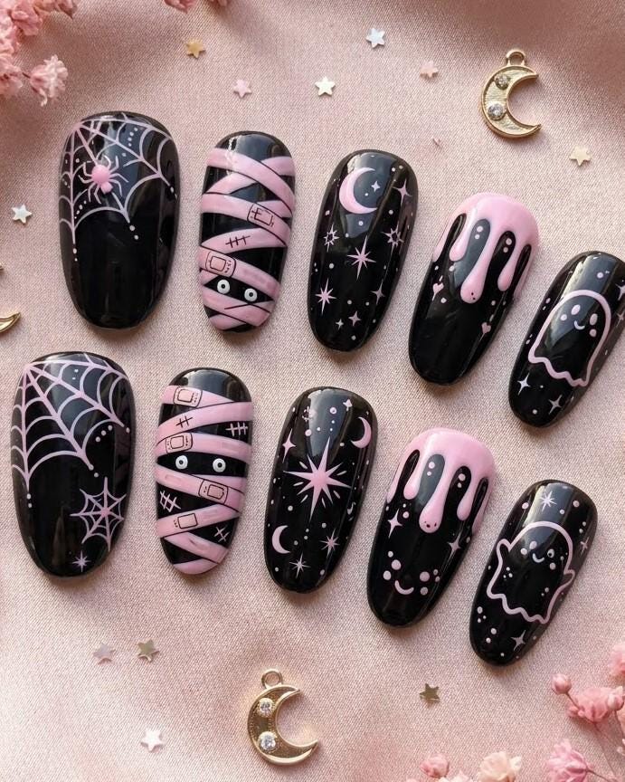 Pink and Black Halloween Nail Set With Spiders, Mummies, Moons and Ghosts
