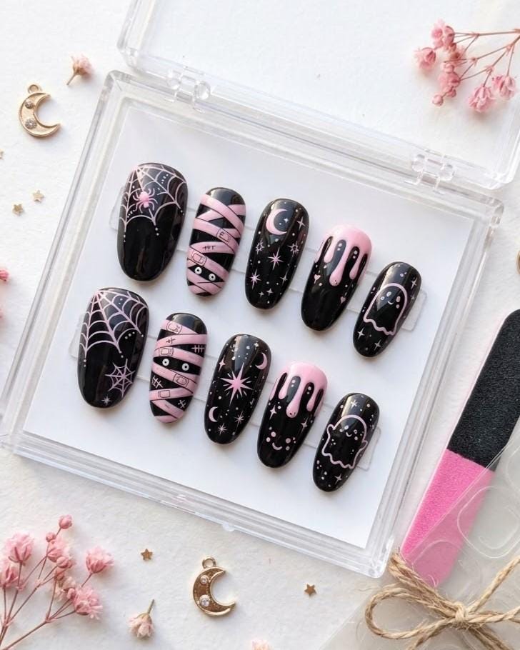Pink and Black Halloween Nail Set With Spiders, Mummies, Moons and Ghosts