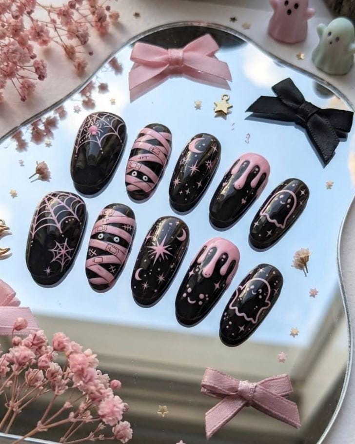 Pink and Black Halloween Nail Set With Spiders, Mummies, Moons and Ghosts