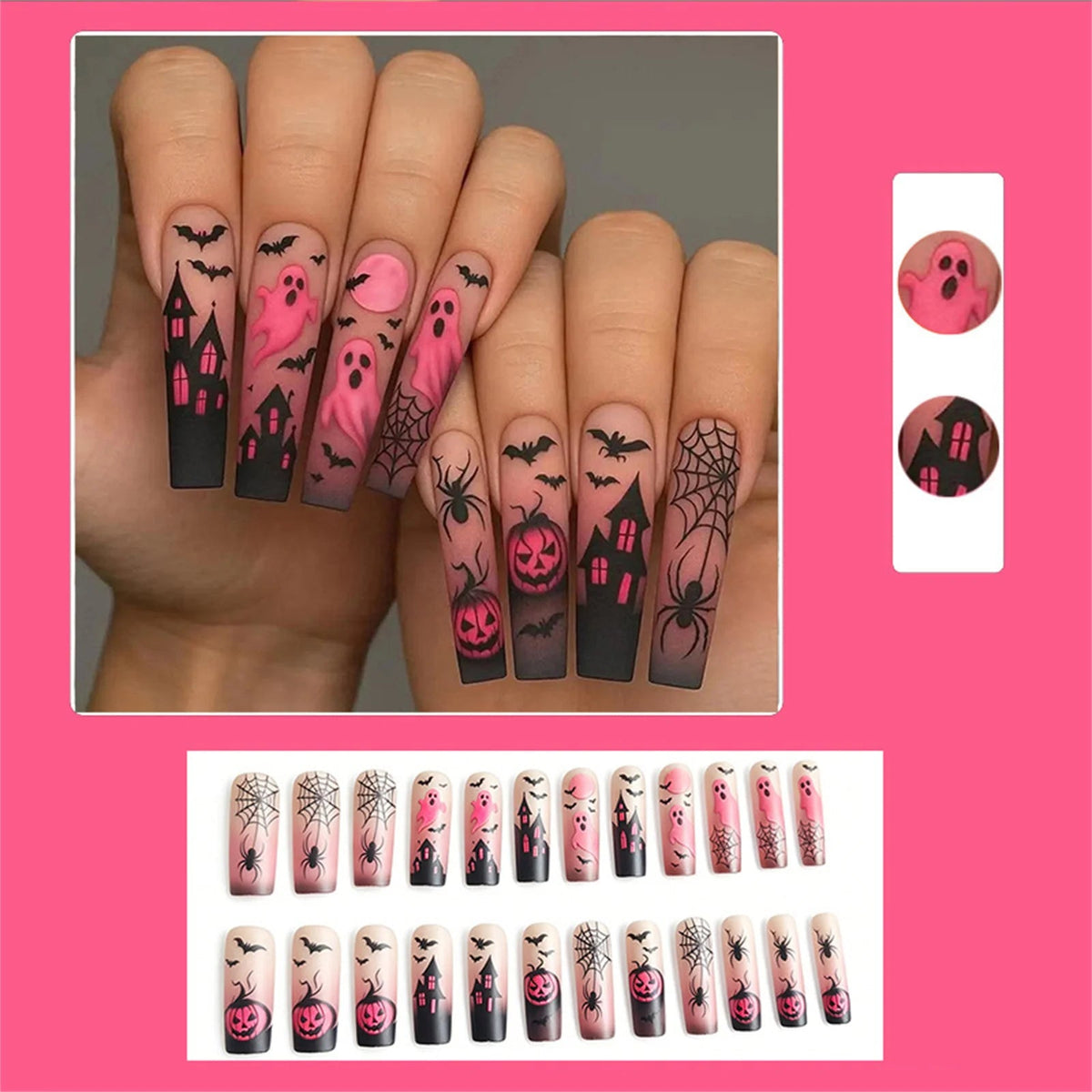 Pink and Black Halloween Press On Nails with Bats, Haunted Houses and Spiders