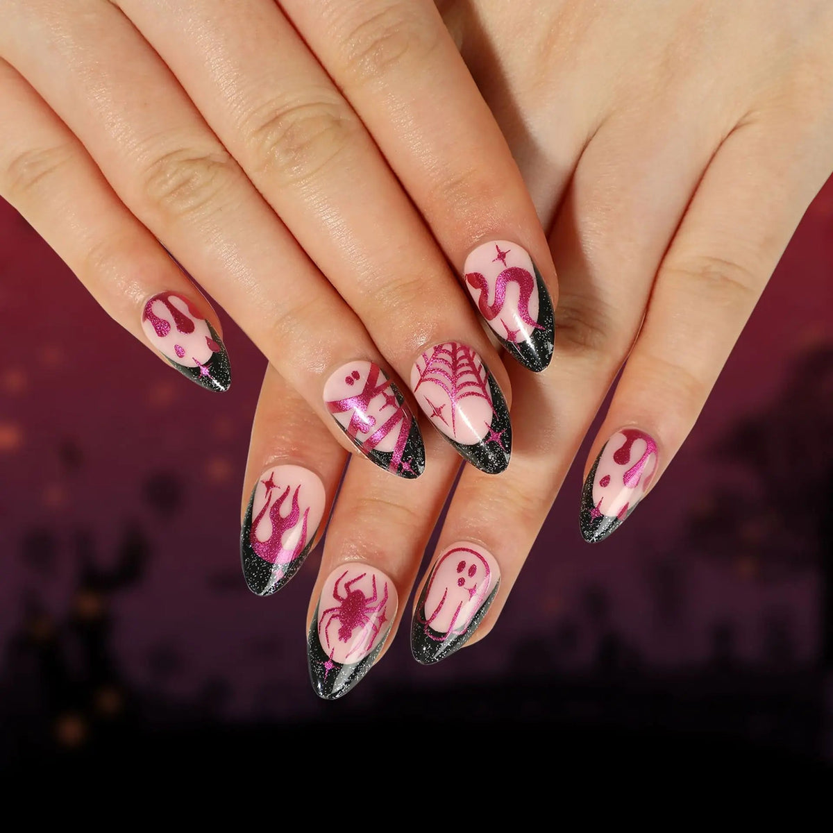 Pink and Black Halloween Spider Web Glitter French Tip Press On Nails