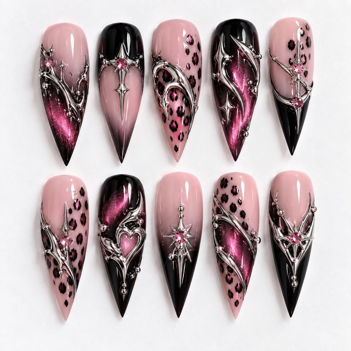Pink and Black Leopard Cat Eye Y2K Press-On Nails with Silver 3D Details