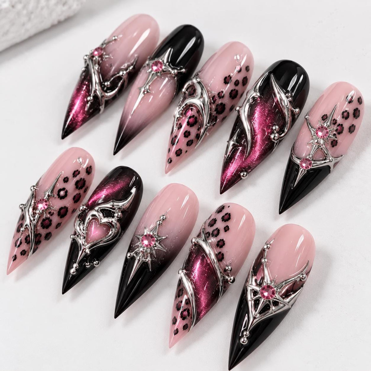 Pink and Black Leopard Cat Eye Y2K Press-On Nails with Silver 3D Details