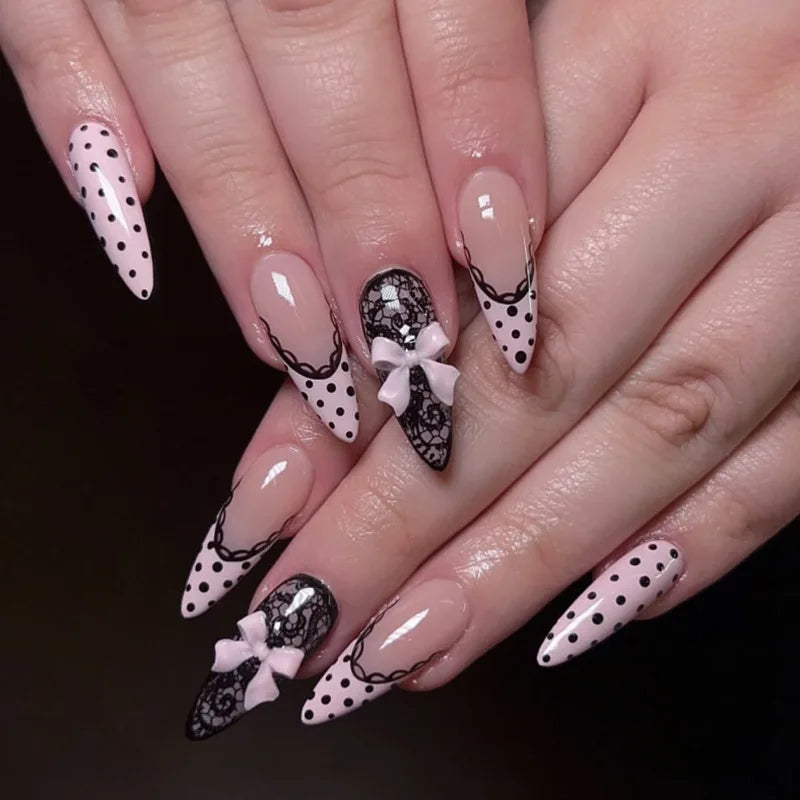 Pink and Black Polka Dot Bow Press On Nails with Lace Details