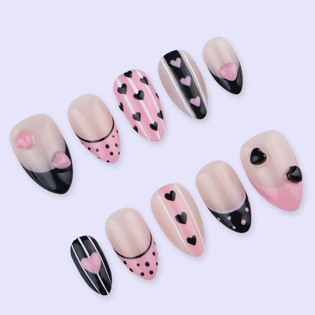 Pink and Black Valentine Heart French Tip Press-On Nails With Stripes and Polka Dots