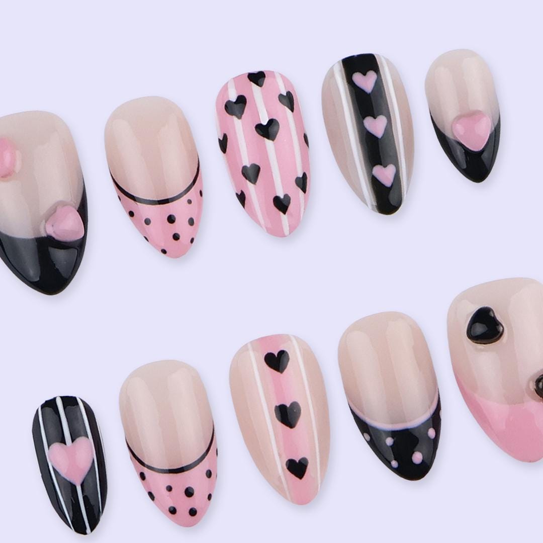 Pink and Black Valentine Heart French Tip Press-On Nails With Stripes and Polka Dots