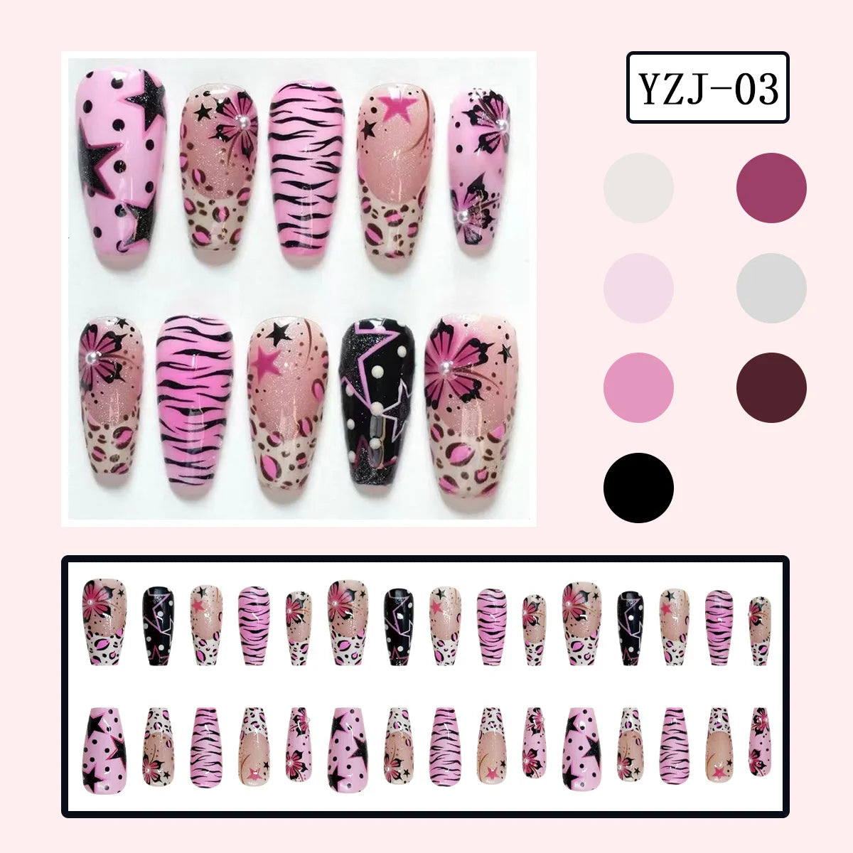 Pink and Black Zebra & Leopard Print Nails with Stars and Floral Bursts