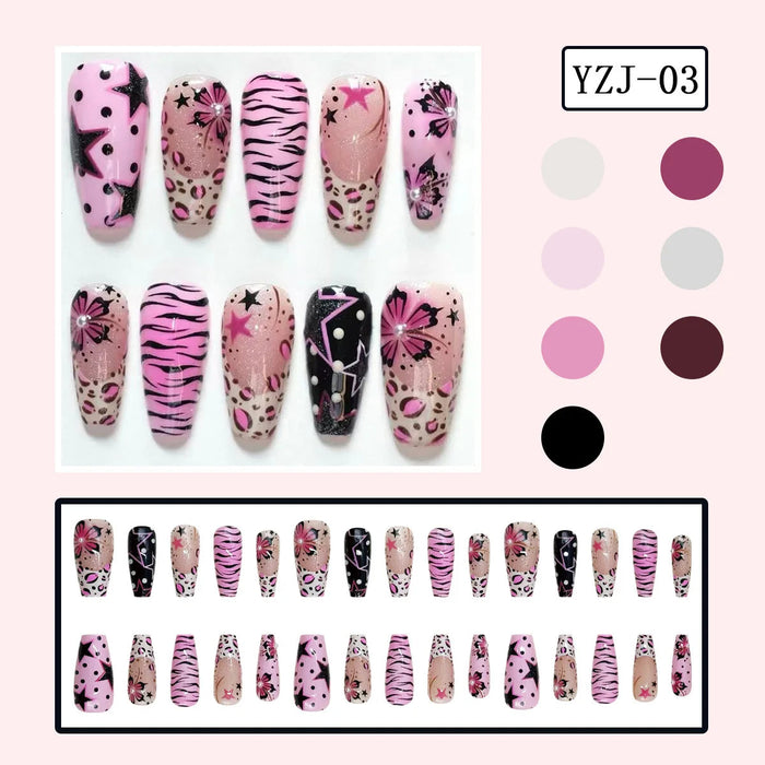 Pink and Black Zebra & Leopard Print Press On Nails with Stars and Floral Bursts