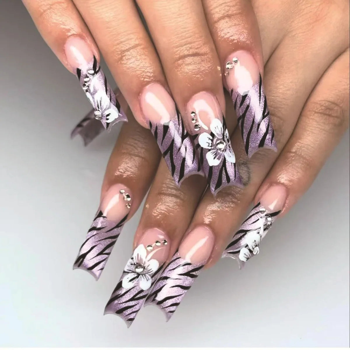 Pink and Black Zebra Print Flower Rhinestone Nail Set
