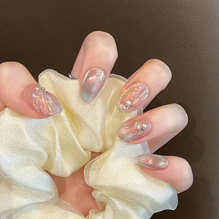 Pink and Blue Aurora Shimmer Pearl Accent Press On Nail Set