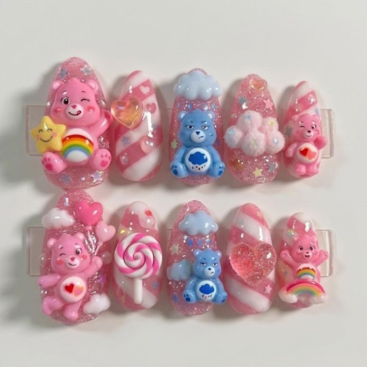Pink and Blue Bear Press On Nails With 3D Candy, Clouds, Rainbows, and Glitter