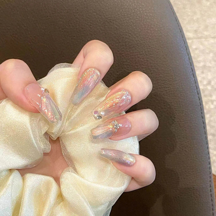 Pink and Blue Iridescent Mermaid Press On Nails with Pearly Shell Accents