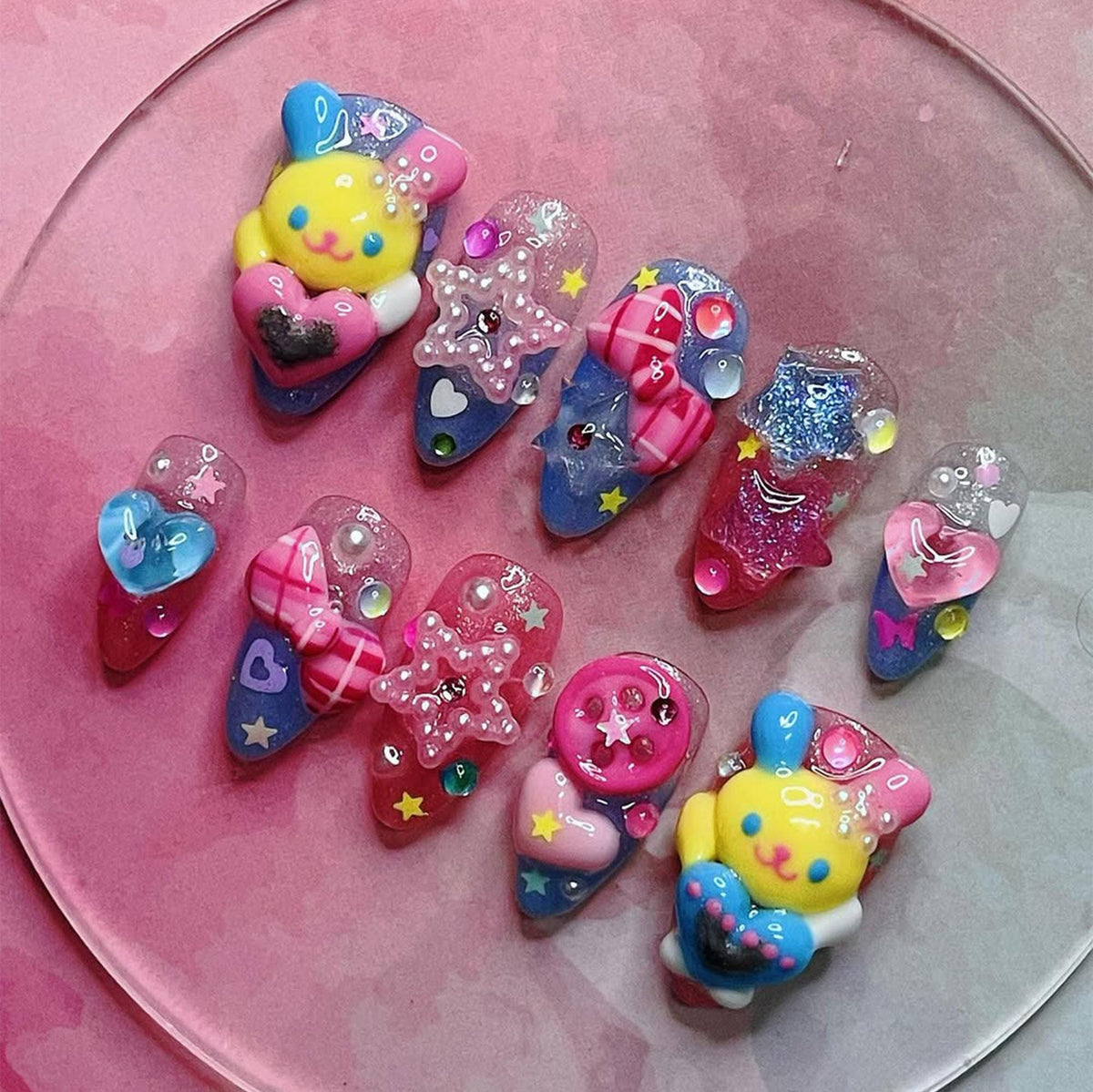 Pink and Blue Kawaii Bear Press-On Nails with 3D Hearts, Stars and Gems