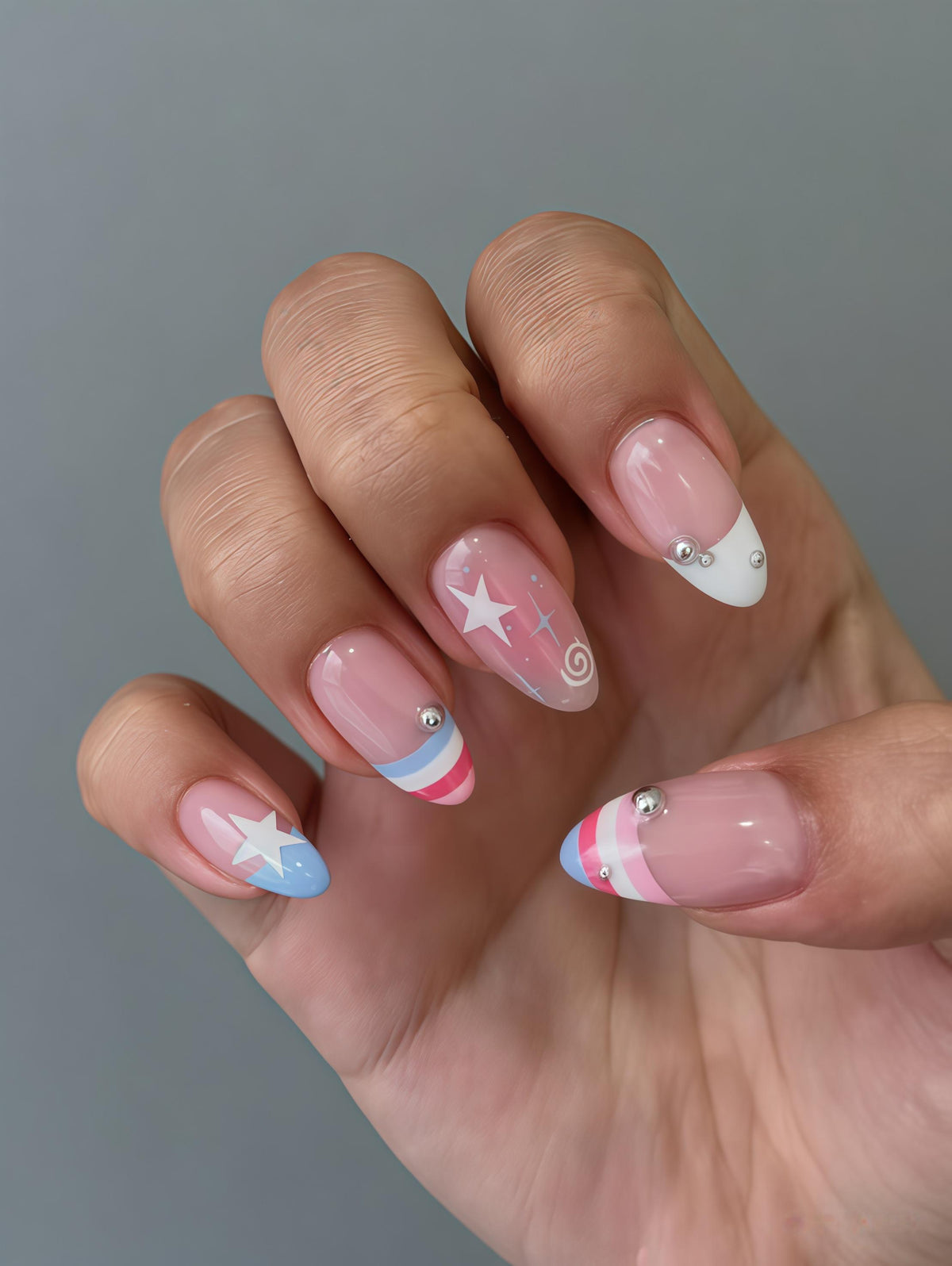 Pink and Blue Star French Tip Press On Nails with Rhinestones