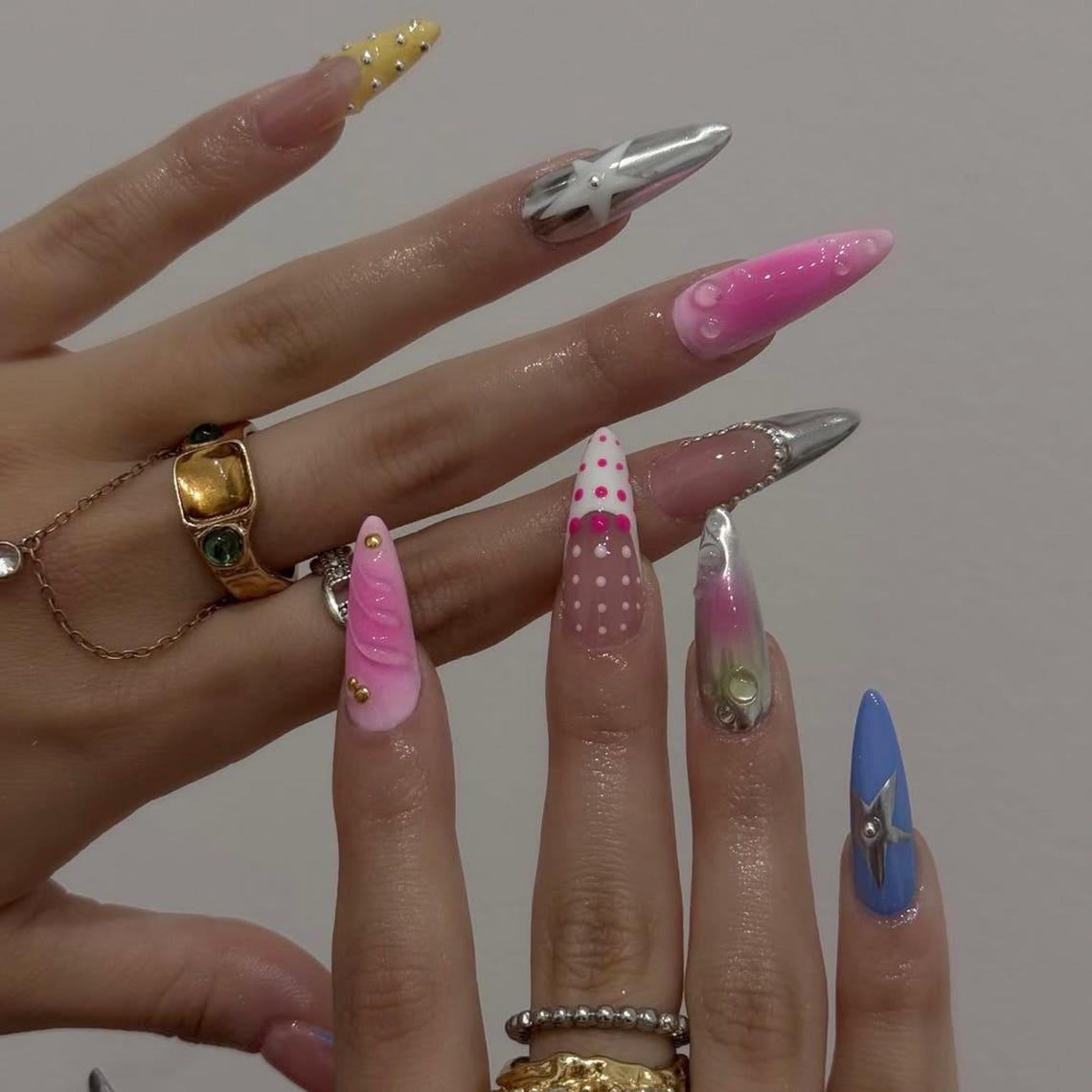 Pink and Blue Y2K Press-On Nails with Stars, Polka Dots and Silver Chrome