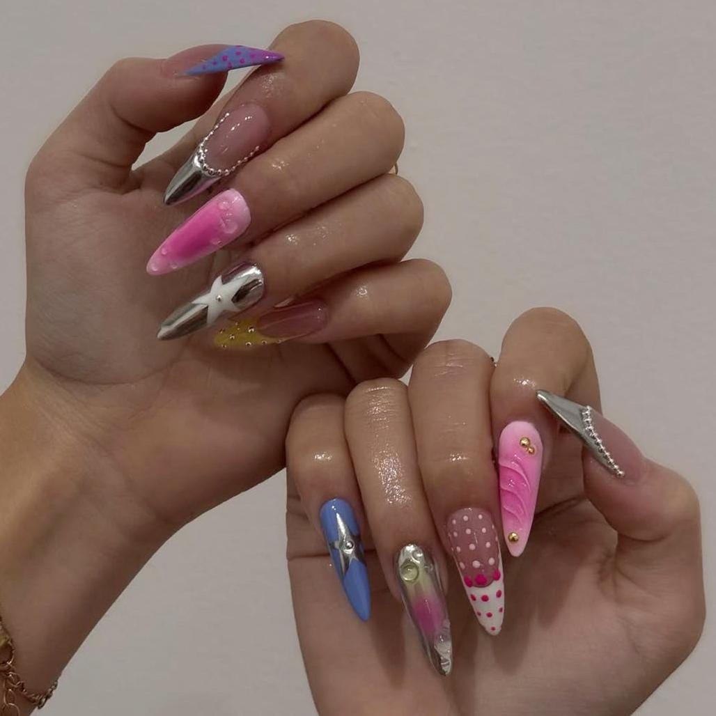 Pink and Blue Y2K Press-On Nails with Stars, Polka Dots and Silver Chrome