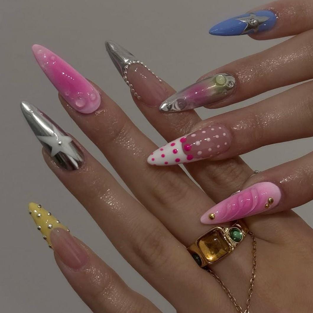 Pink and Blue Y2K Press-On Nails with Stars, Polka Dots and Silver Chrome