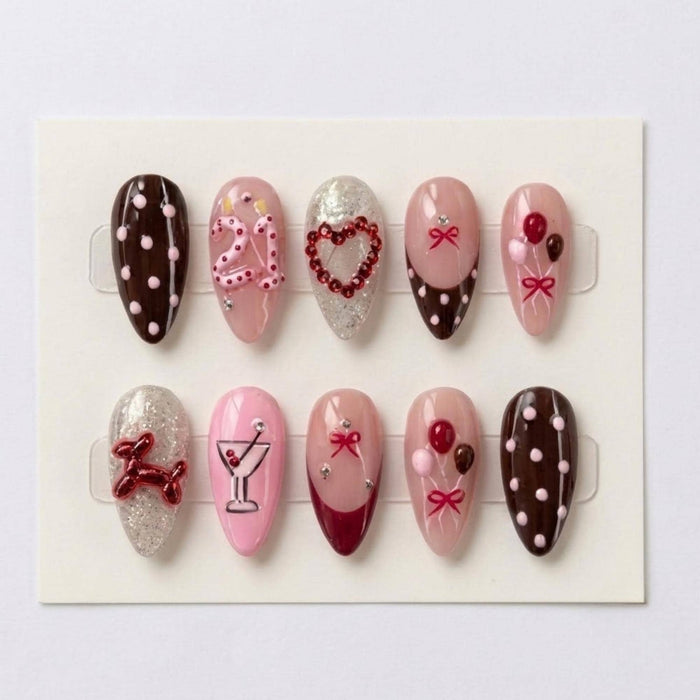 Pink and Brown Birthday Party Press On Nail Set With Balloons, Bows and Heart Gems