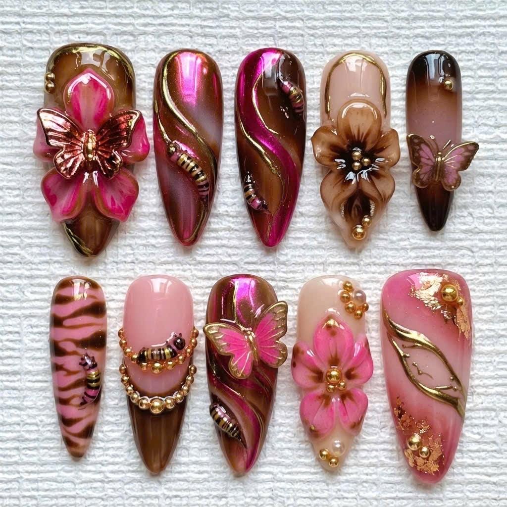 Pink and Brown Butterfly Press On Nails With 3D Flowers and Gold Chrome