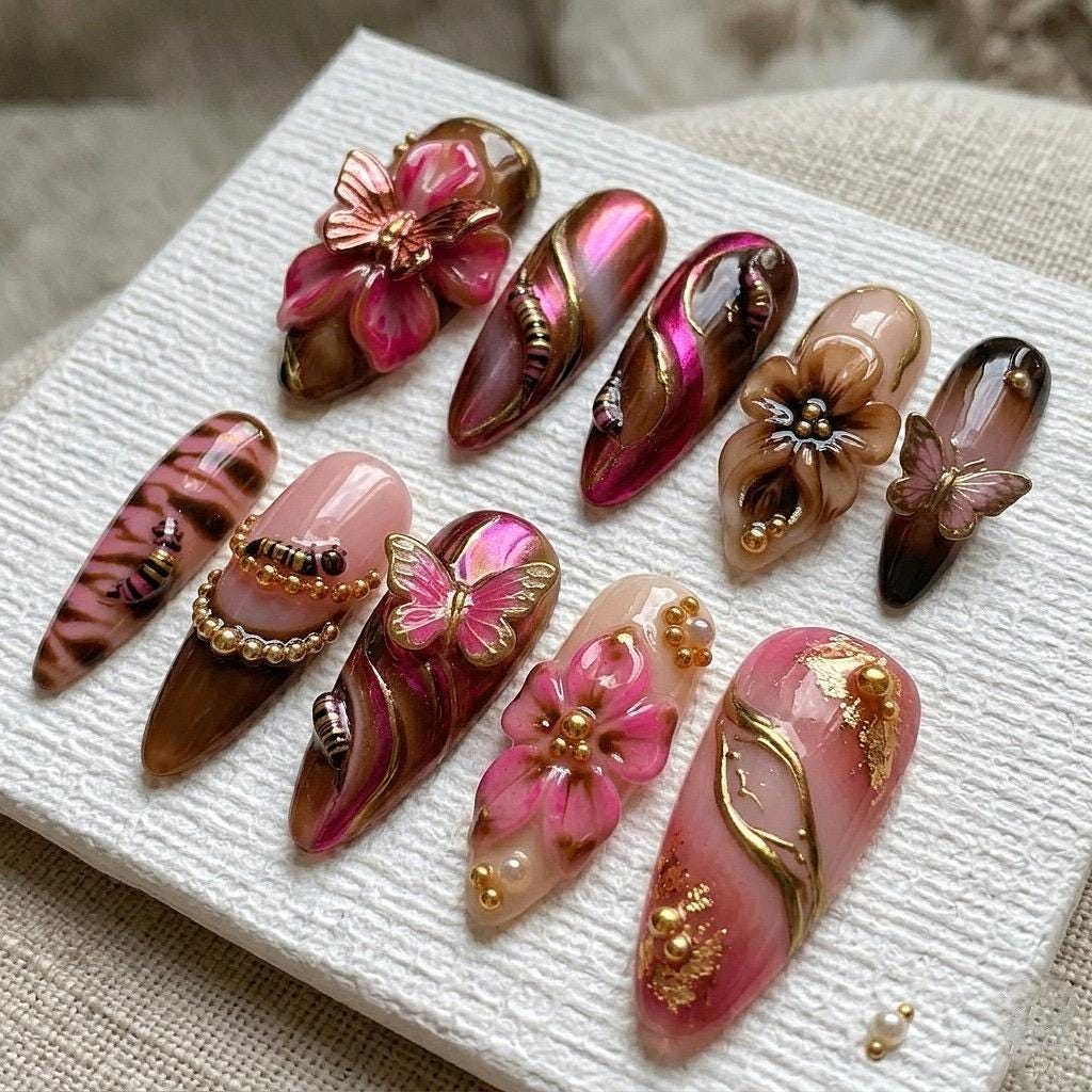Pink and Brown Butterfly Press On Nails With 3D Flowers and Gold Chrome