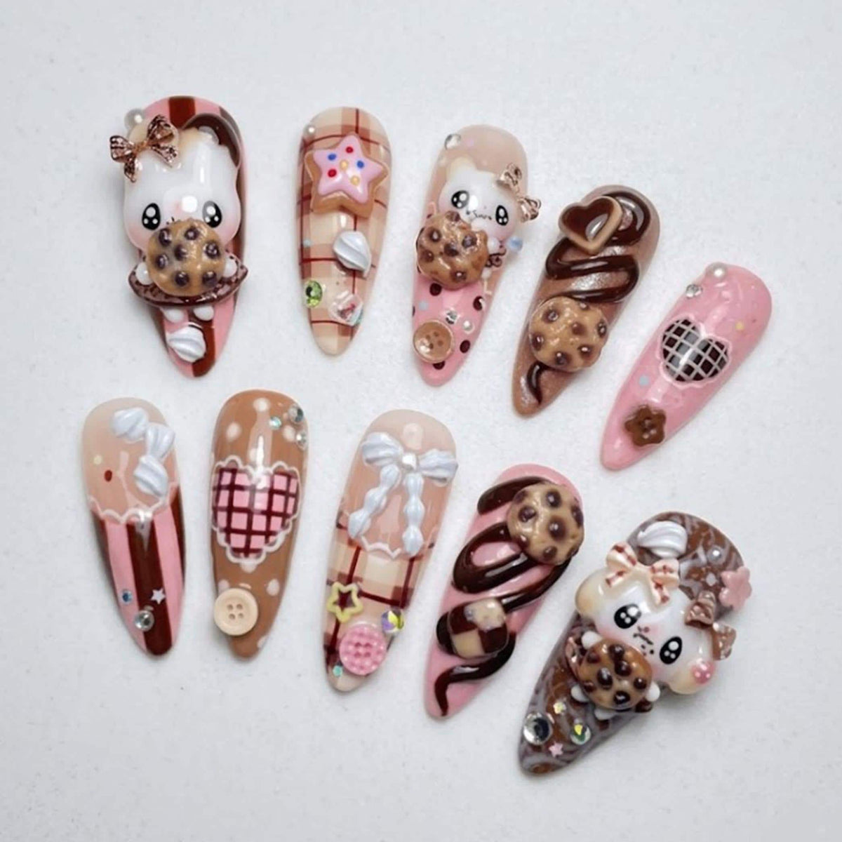 Pink and Brown Cookie Bear Nails With Plaid, Bows, and Chocolate Details