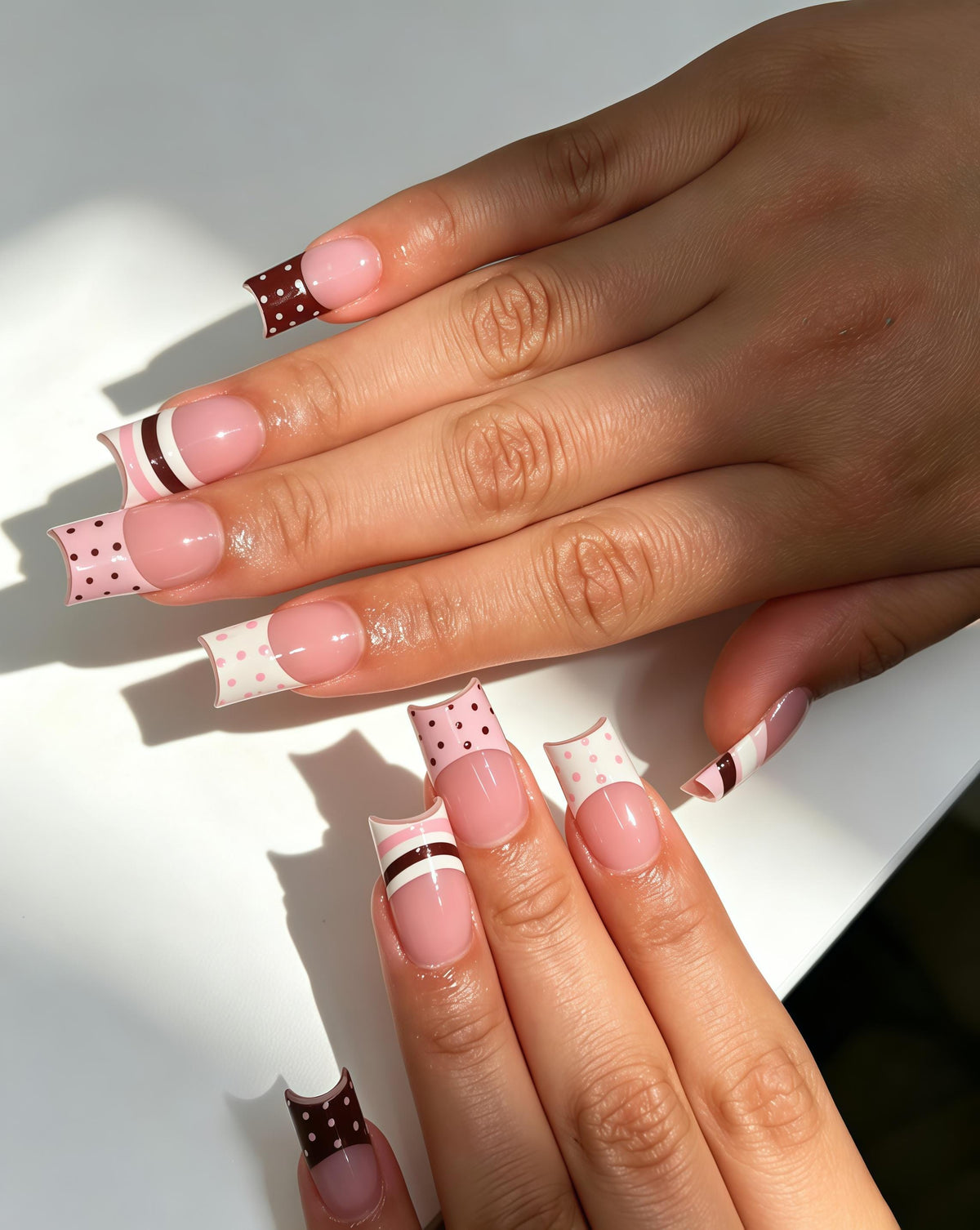 Pink and Brown Polka Dot and Stripe French Tip Nail Set