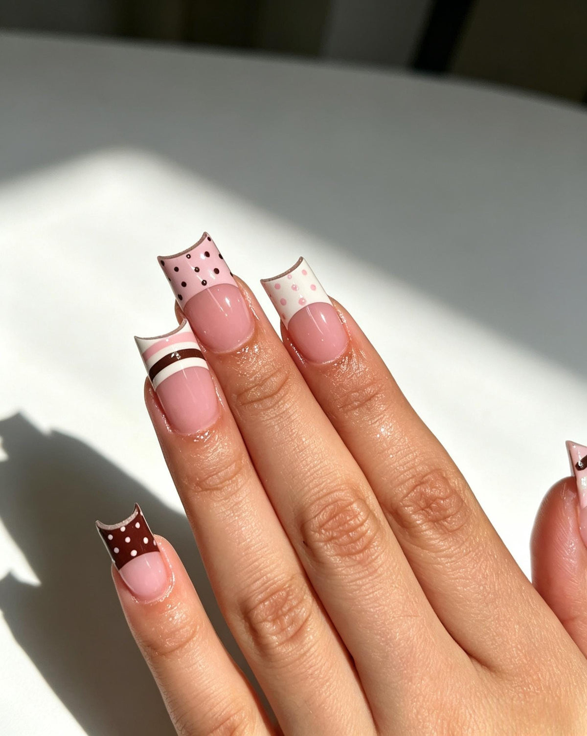 Pink and Brown Polka Dot and Stripe French Tip Nail Set