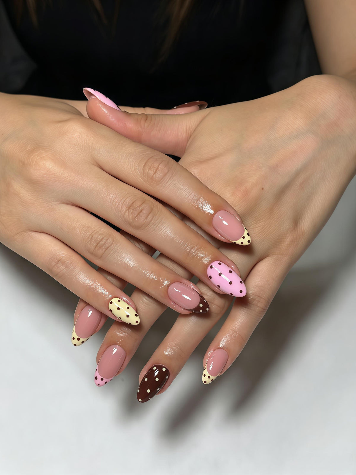 Pink and Brown Polka Dot French Tip Nail Set